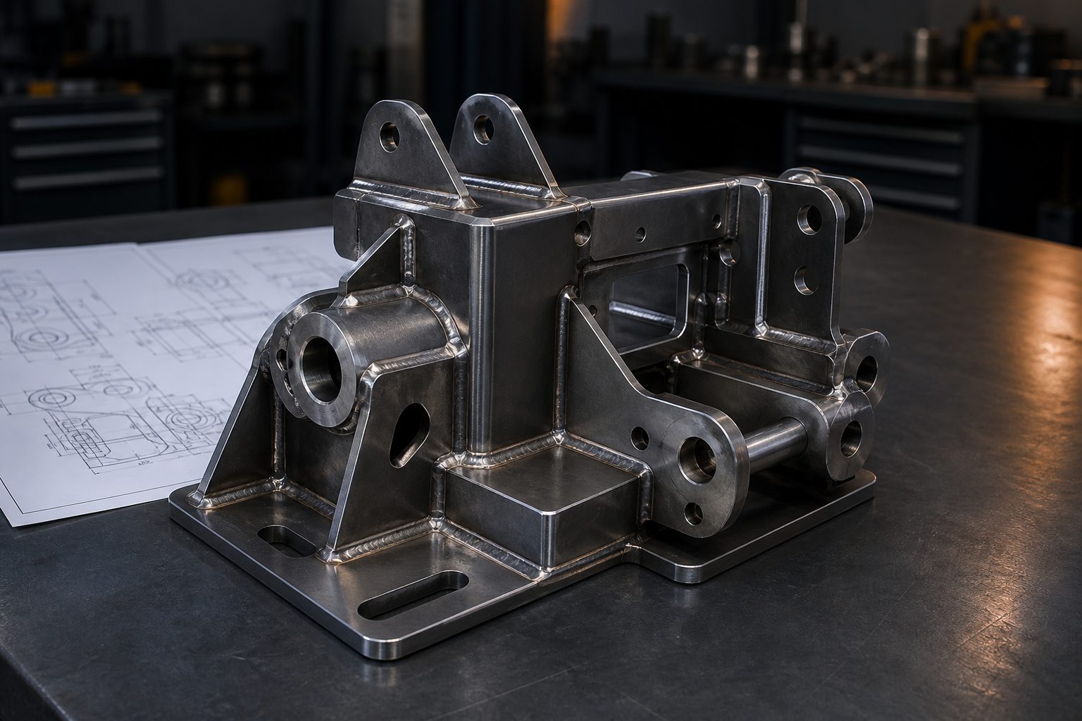 Fabricación metálica especial junto a un plano técnico