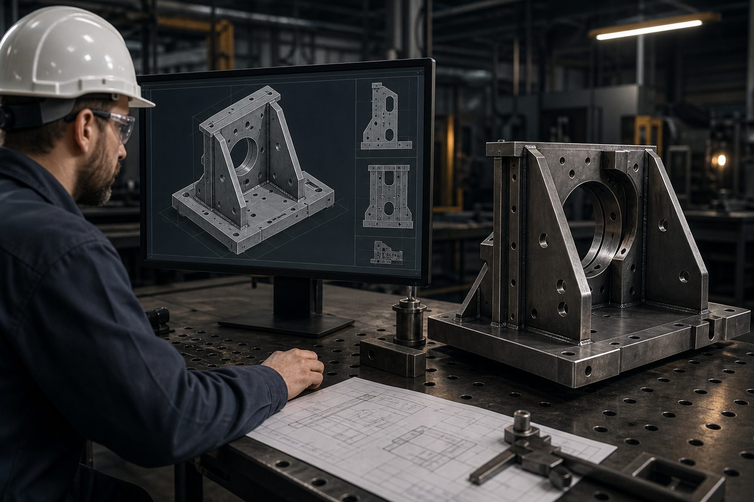 Ingeniero comparando un diseño CAD con el componente metálico fabricado
